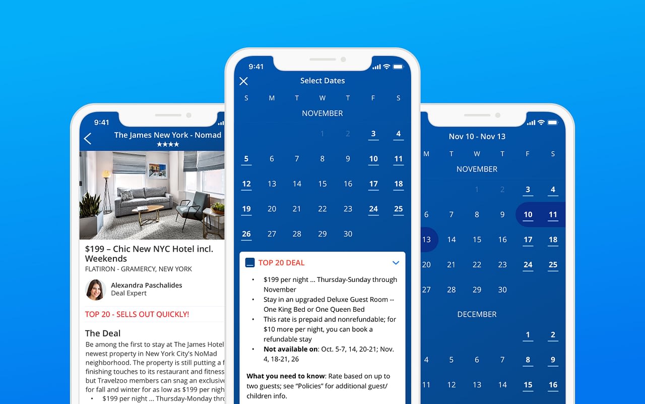 Travelzoo app deal validity calendar design
